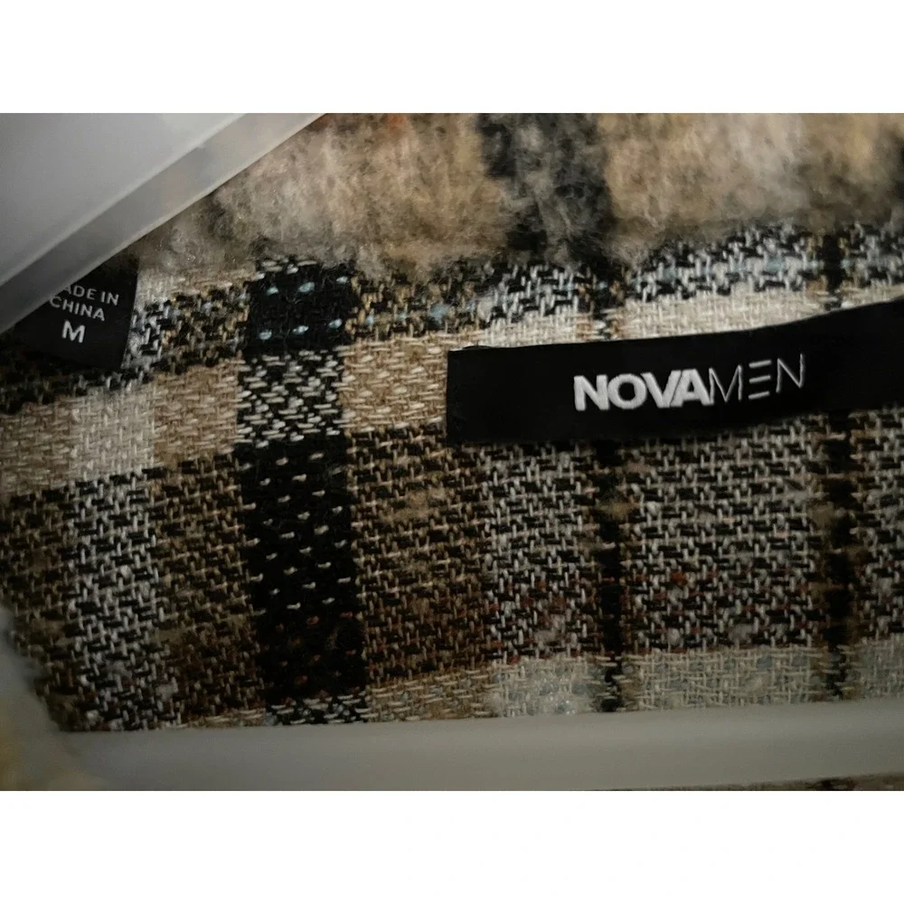 NovaMen Fashion Nova Plaid Fuzzy Shacket Mens Medium Brown Tan Blue Check Jacket
